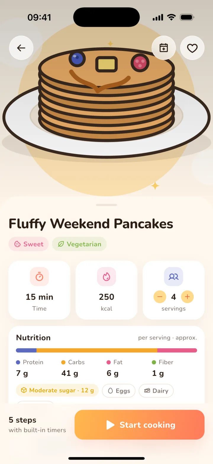 Recipe detail with time, calories, servings and a nutrition card